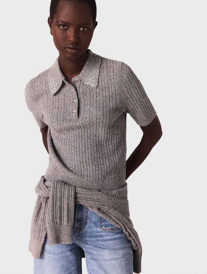 Poloshirt aus Wolle mit Strasskragen