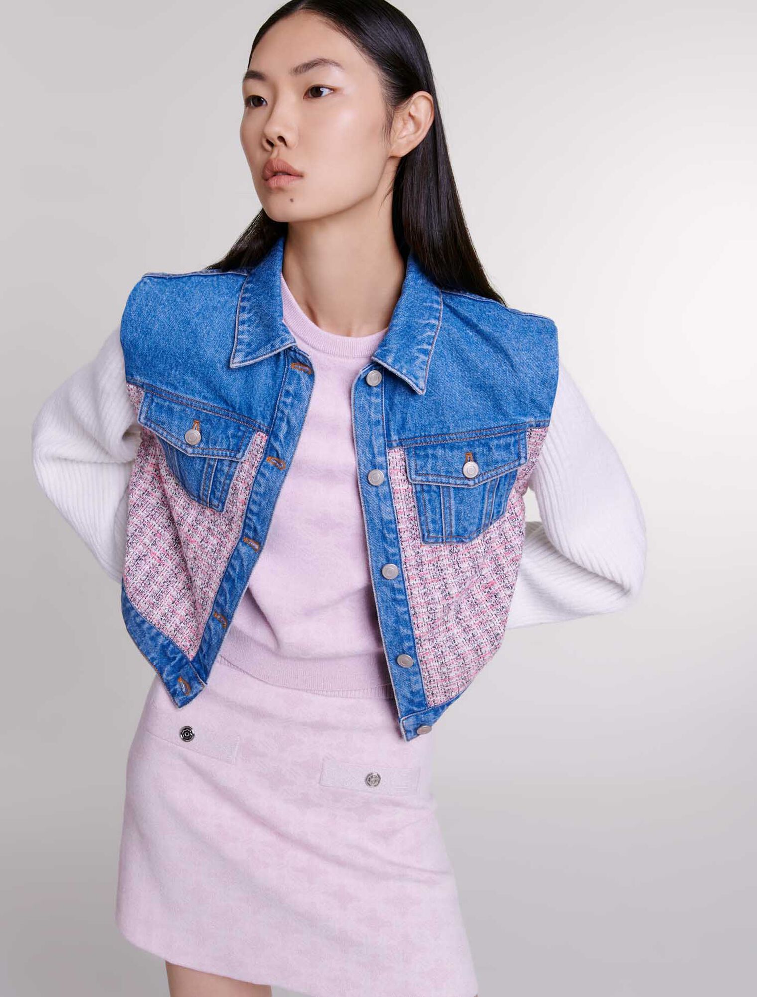 Kurzer Blouson aus Denim und Tweed