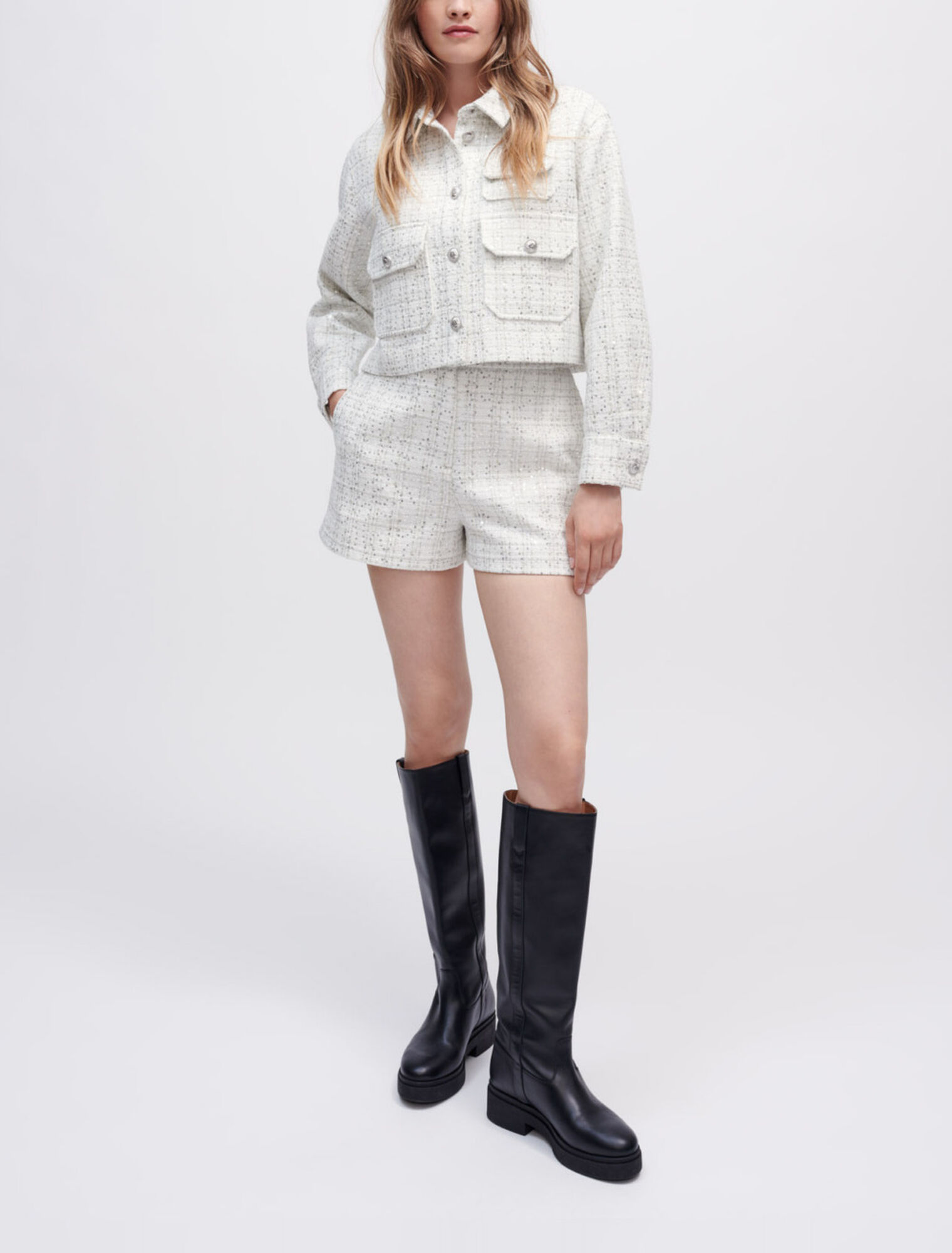 Shorts aus ecrufarbenem Tweed