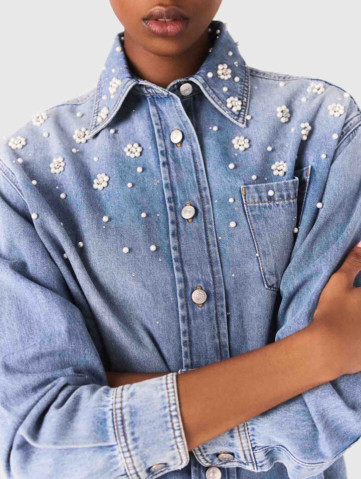 Jeanshemd mit Perlenstickerei