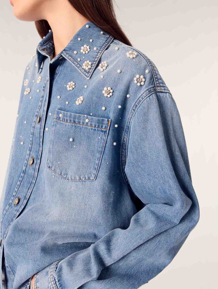 Jeanshemd mit Perlenstickerei