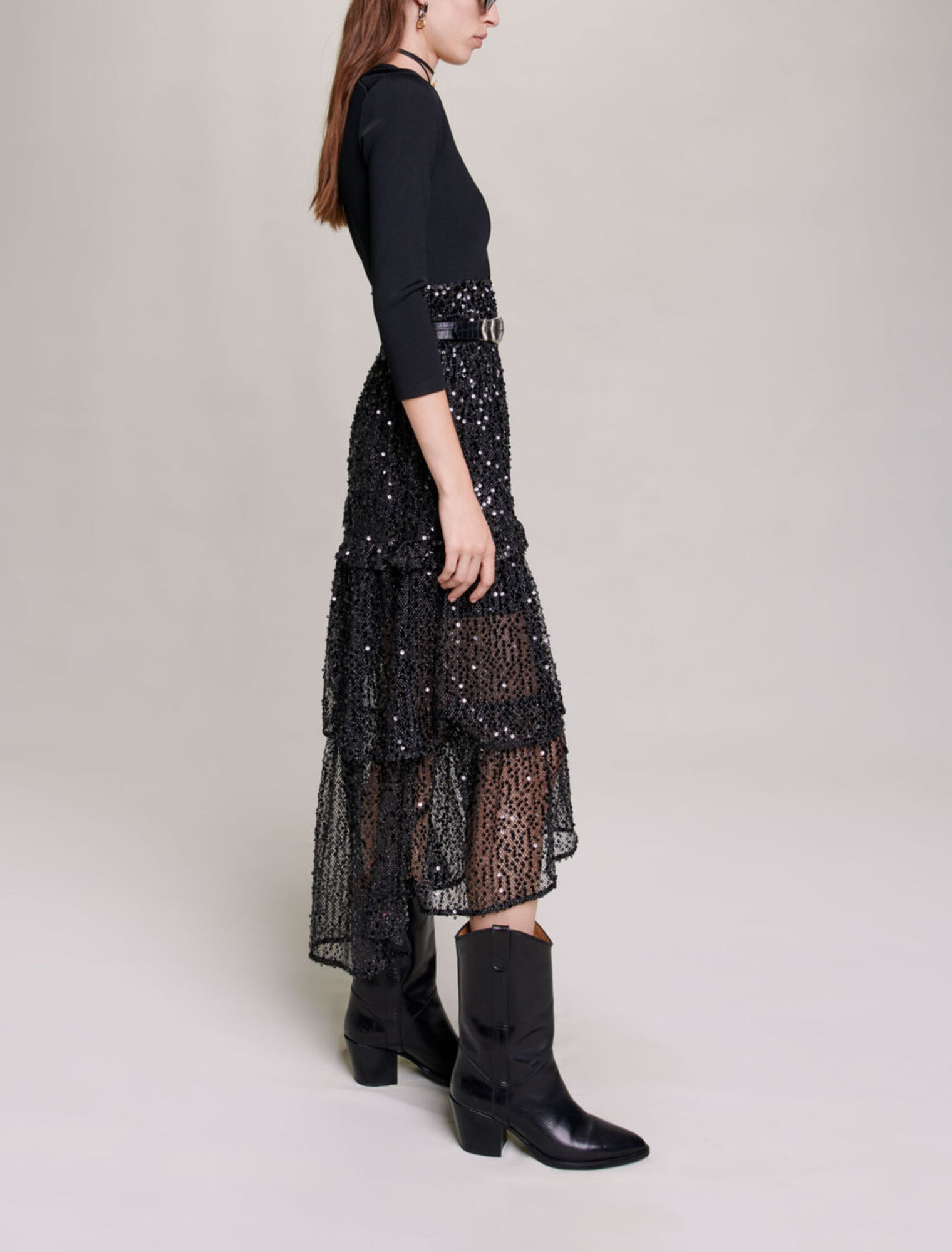 Langes Mesh-Kleid mit Pailletten