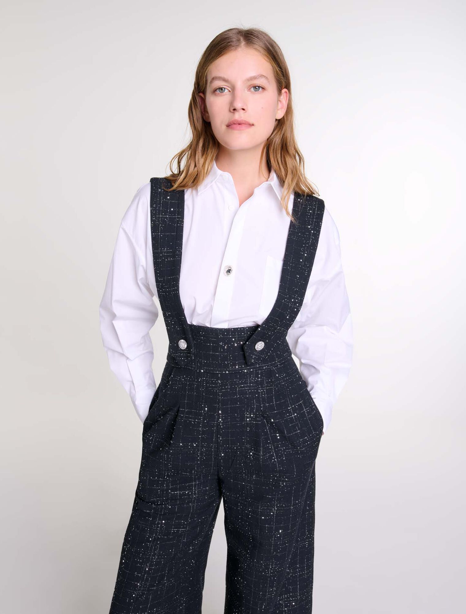 Weite Tweedhose mit Trägern