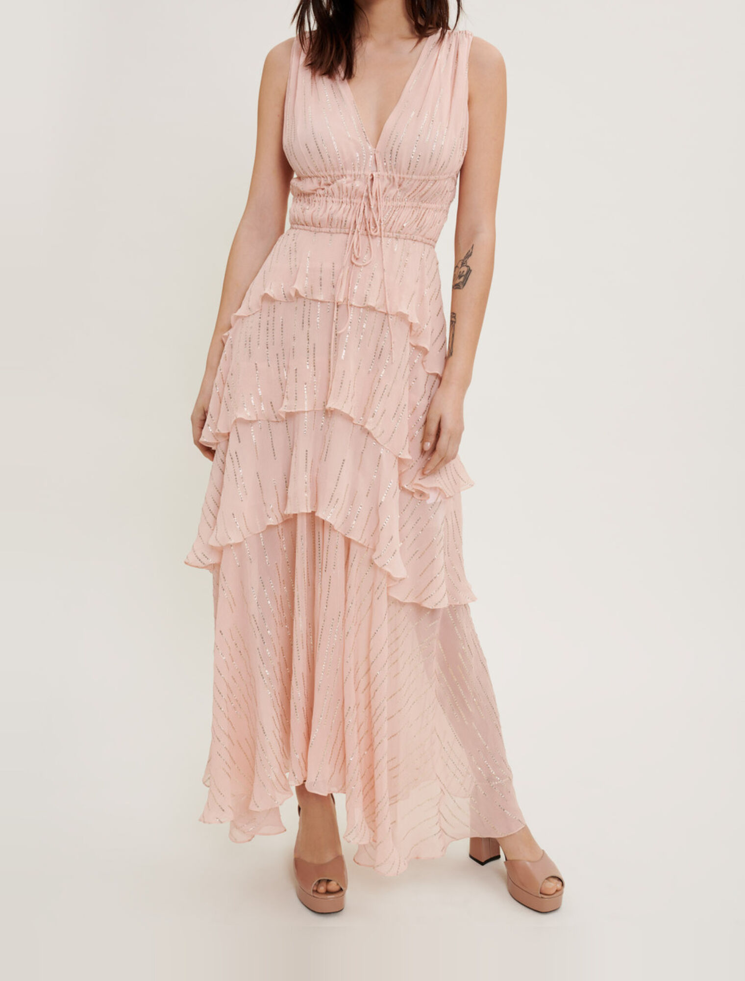 Lamé-Seidenkleid mit Volants