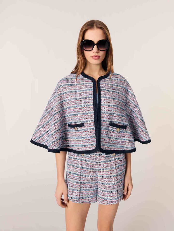 Cape aus Tweed mit Kontrastborte
