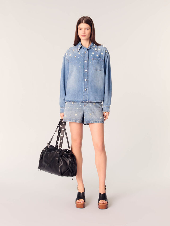 Jeanshemd mit Perlenstickerei