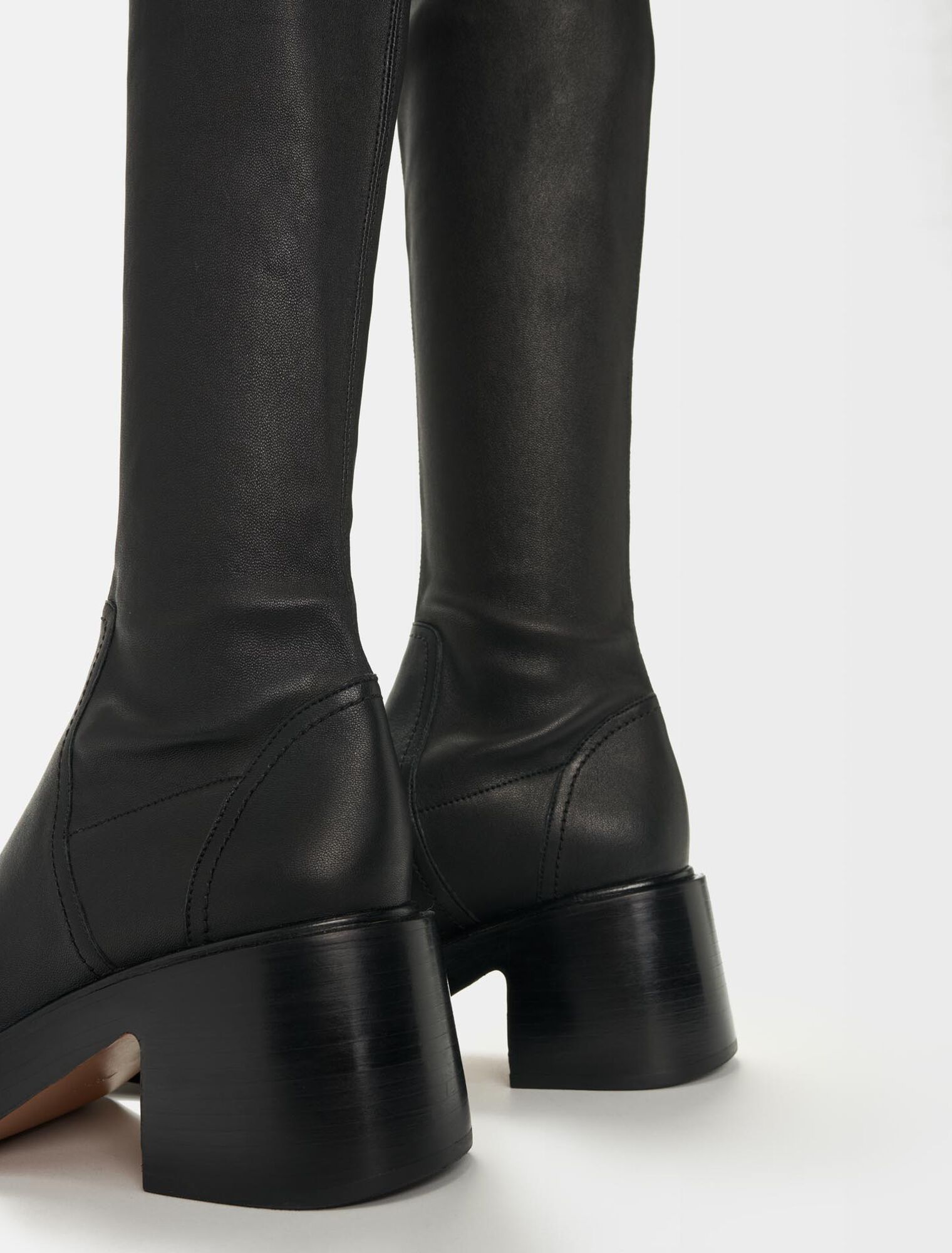 Overknee-Absatzstiefel, schwarzes Leder