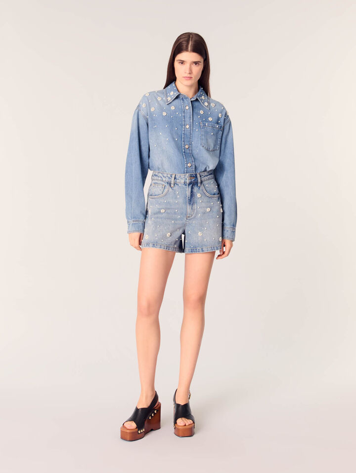 Denim-Shorts mit bestickten Perlen