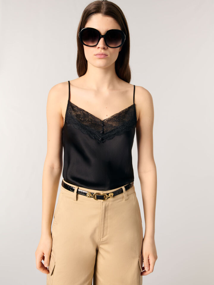 Top aus Seidensatin und Spitze