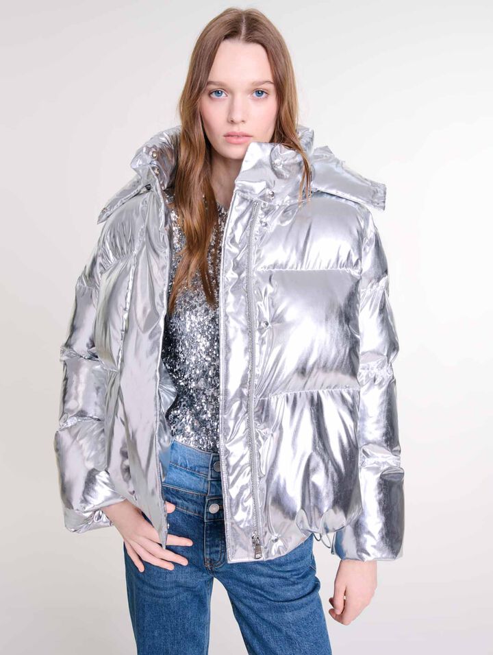 Silberne Daunenjacke mit Kapuze