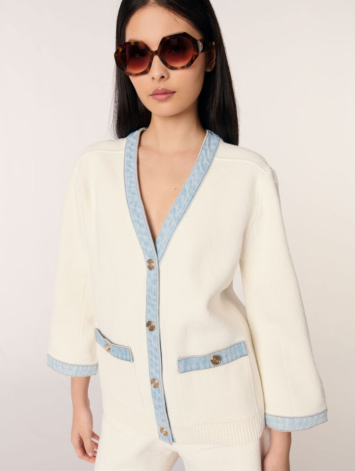 Langer Cardigan mit Denimdetails