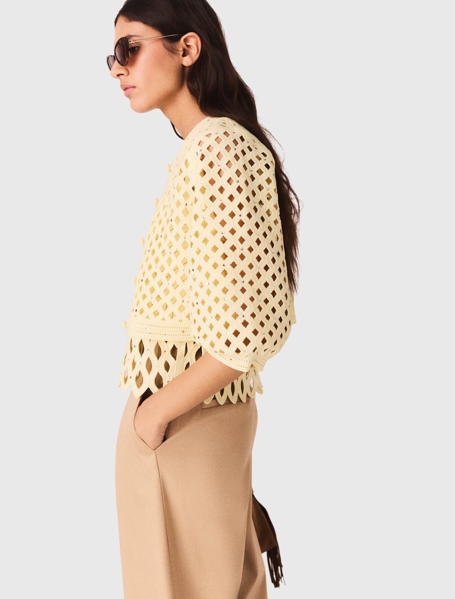 H&auml;kelcardigan mit Strass