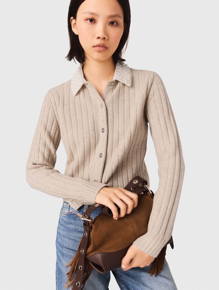 Cardigan, abnehmbarer Perlenkragen