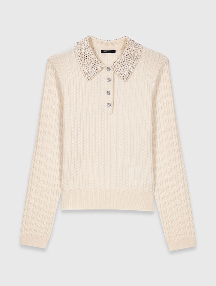 Poloshirt aus Strick mit Strasskragen