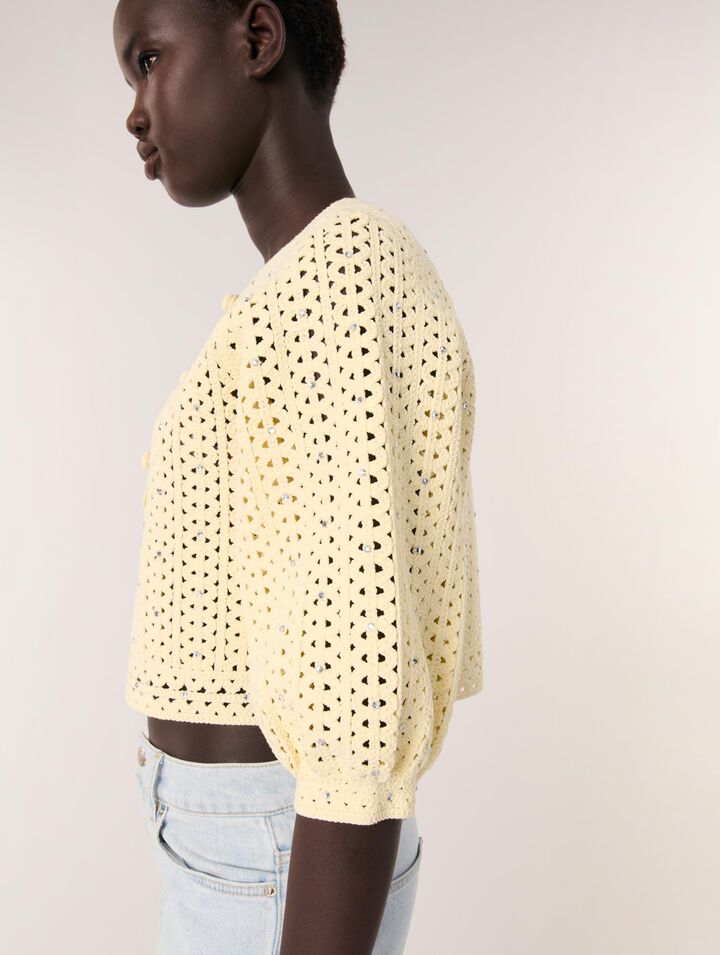 Kurzer Häkelcardigan mit Strass