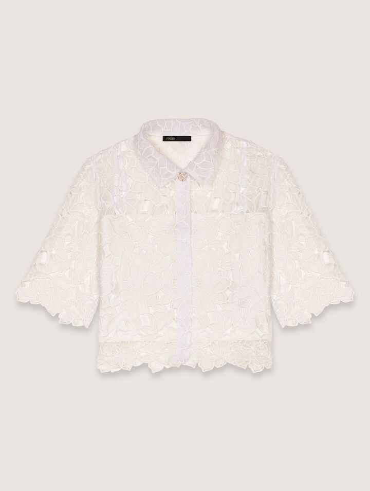 Kurze Bluse aus floraler Guipure-Spitze