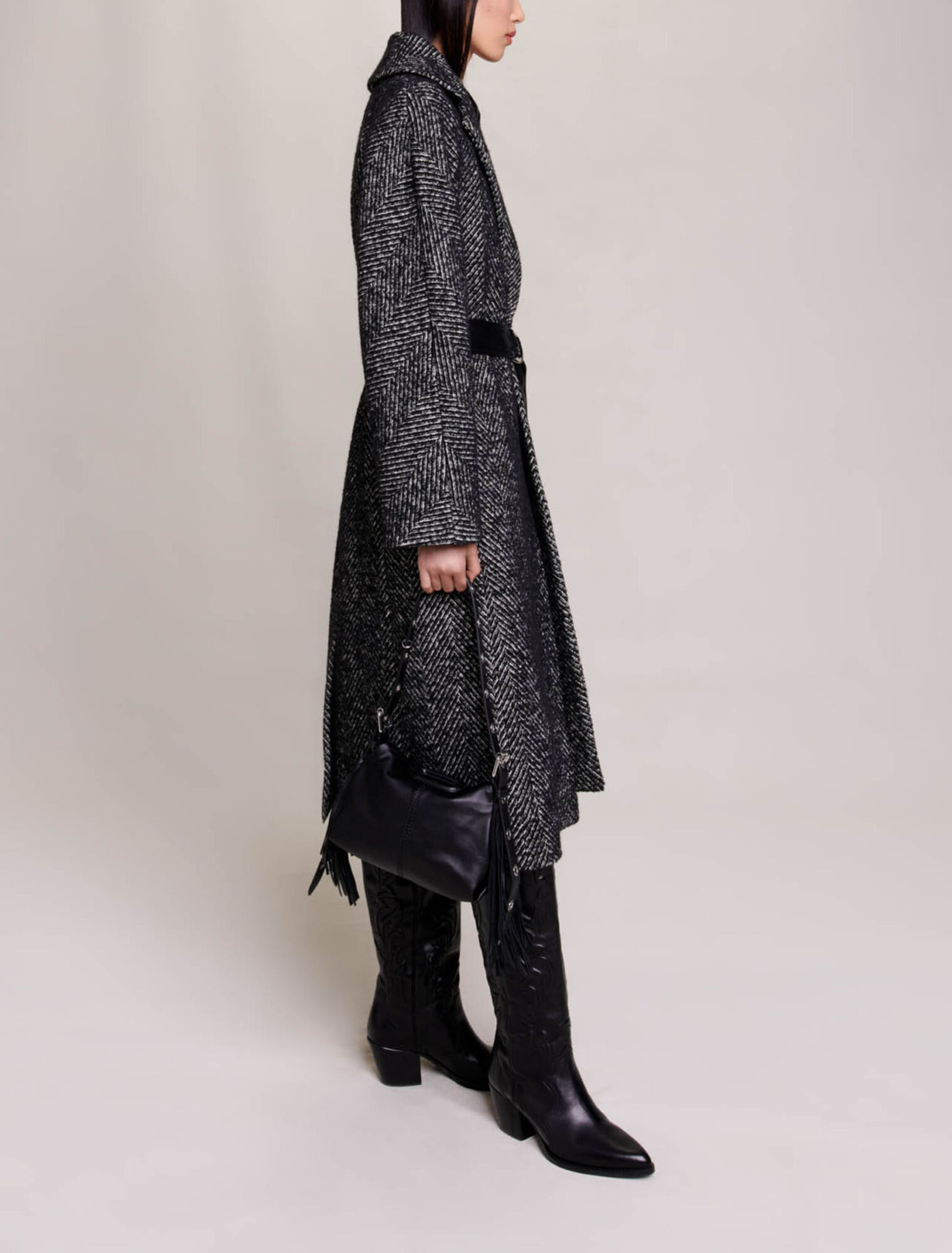 Langer Mantel mit Fischgrätenmuster