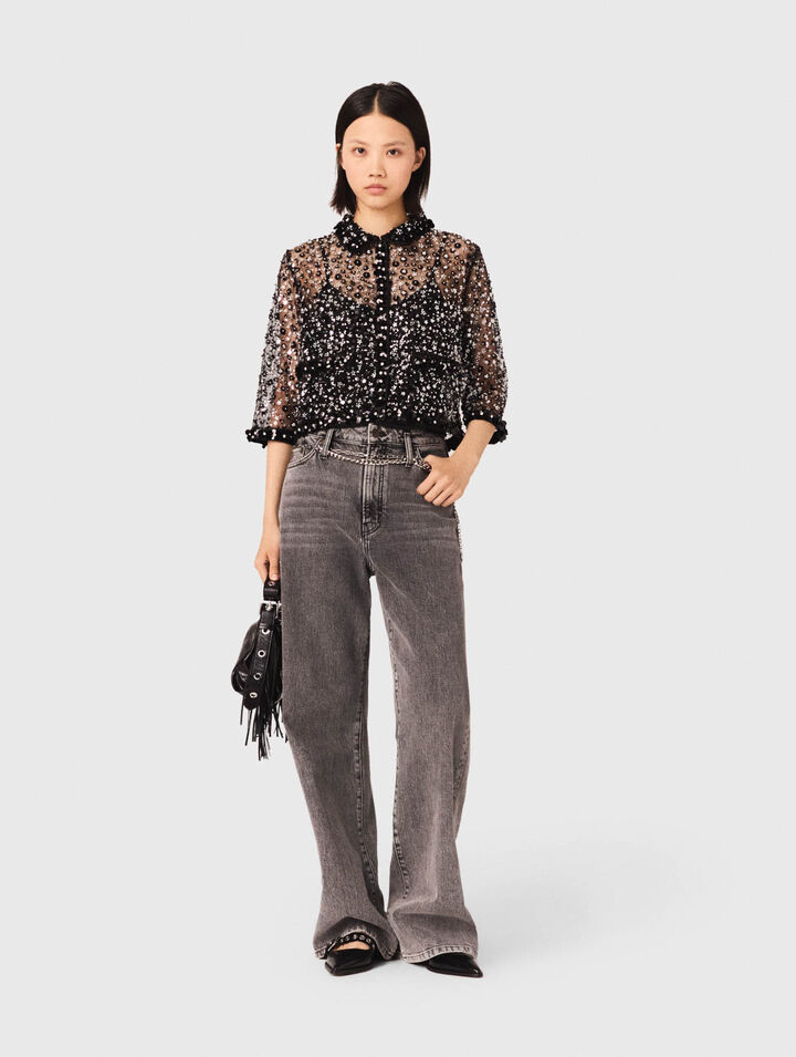 Polo mit Strass und floralem Muster