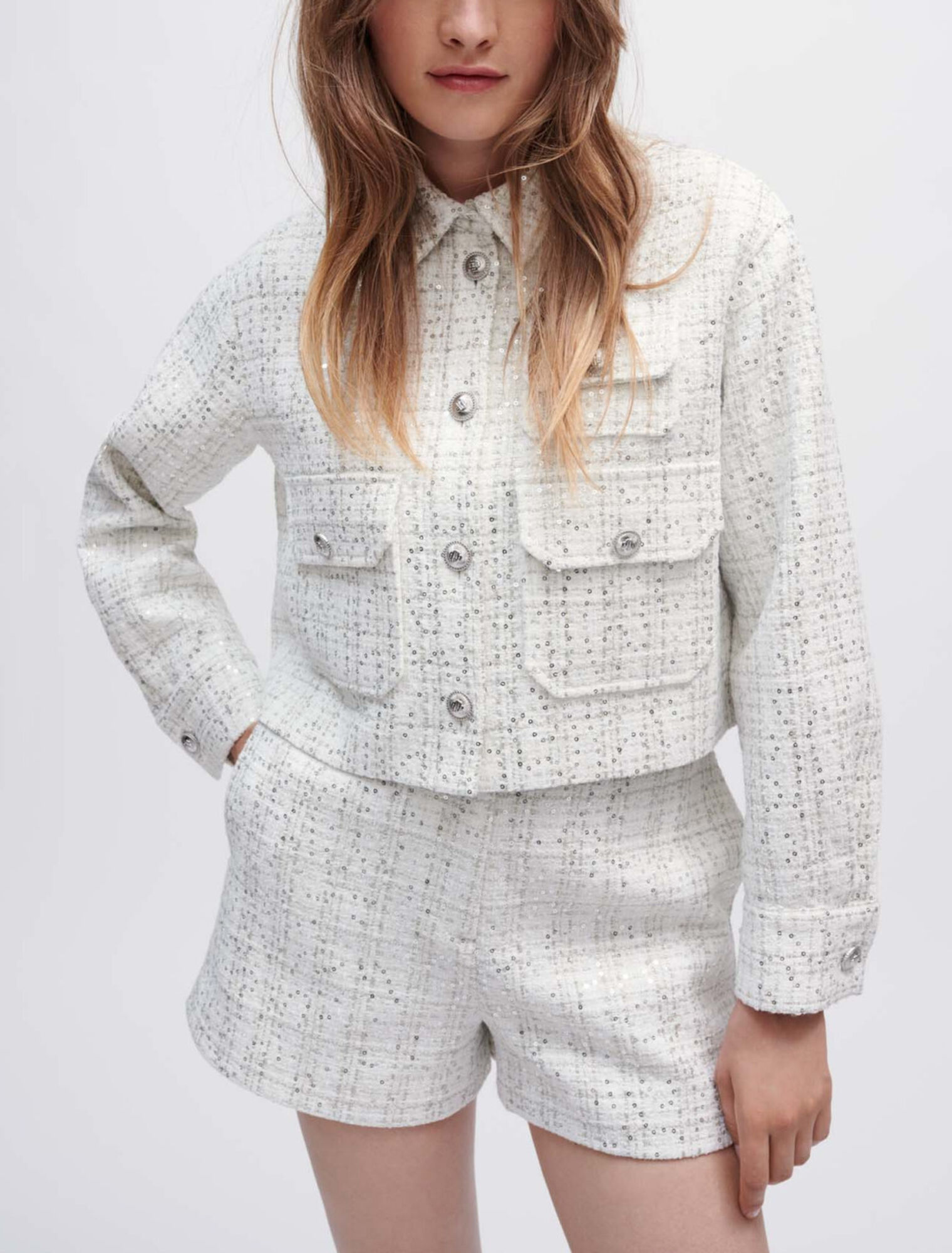 Ecrufarbenes Tweed-Hemd mit Pailletten
