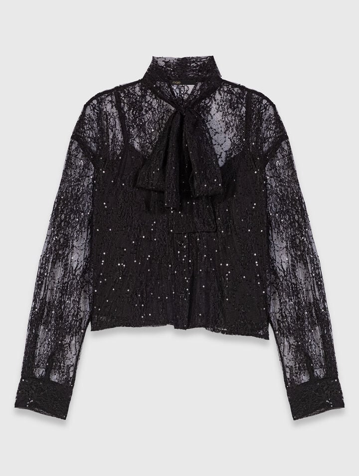 Bluse mit Lavallière-Kragen aus Spitze