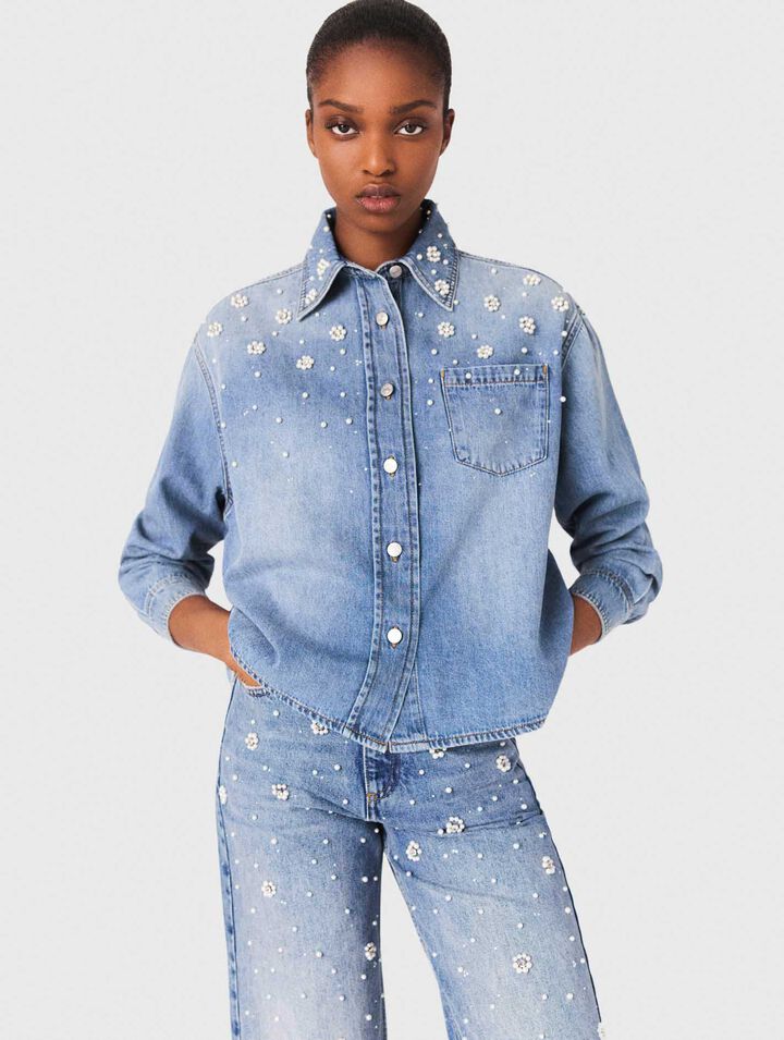 Jeanshemd mit Perlenstickerei