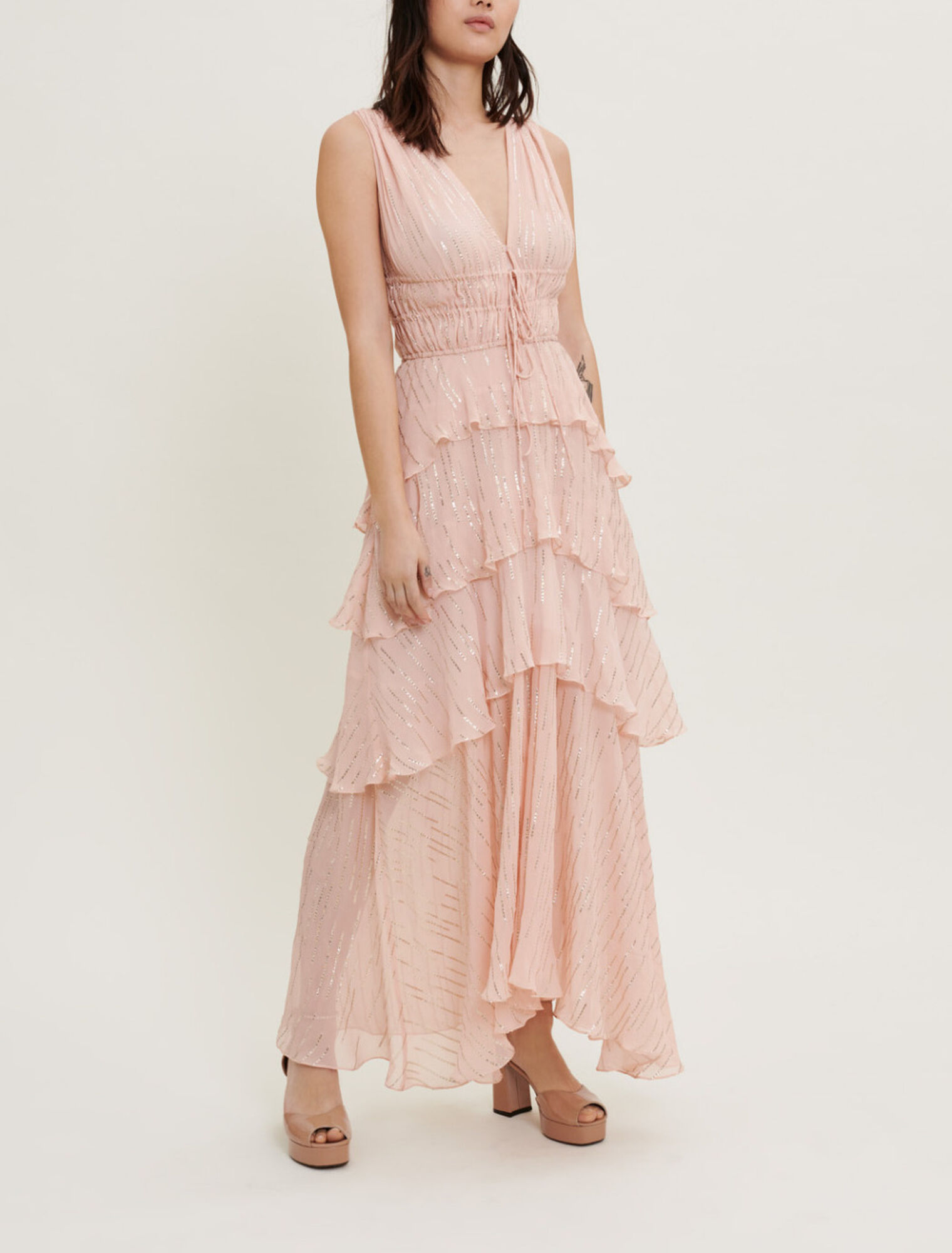Lamé-Seidenkleid mit Volants