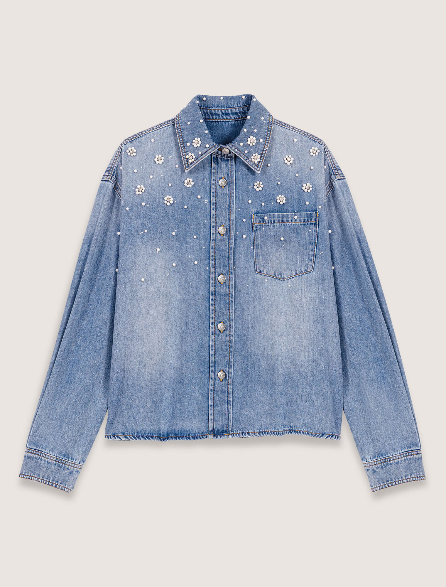 Jeanshemd mit Perlenstickerei
