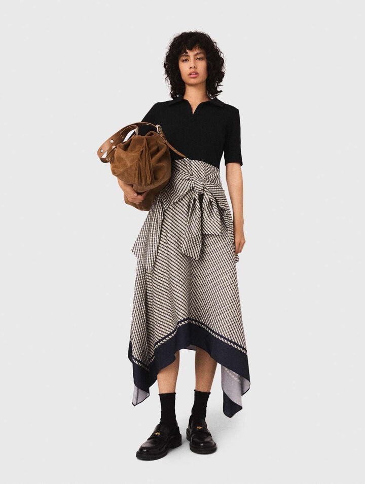 Bi-Material-Kleid mit Print