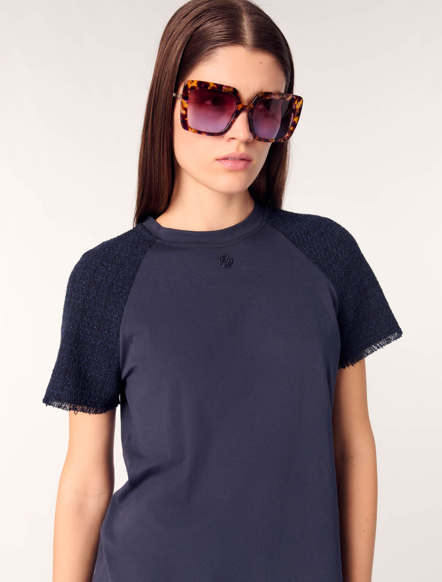 T-Shirt mit Tweed-Ärmeln