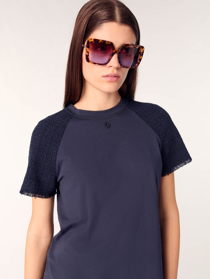 T-Shirt mit Tweed-Ärmeln