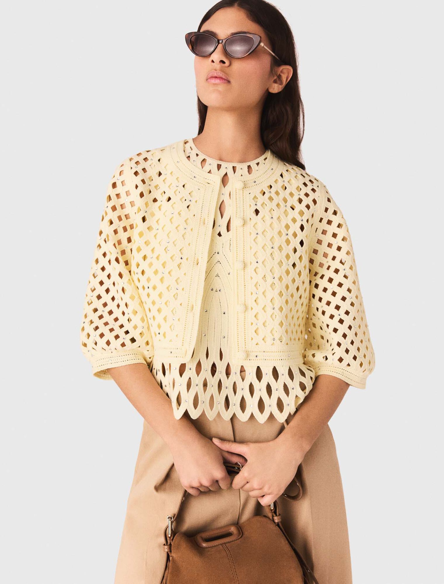 H&auml;kelcardigan mit Strass