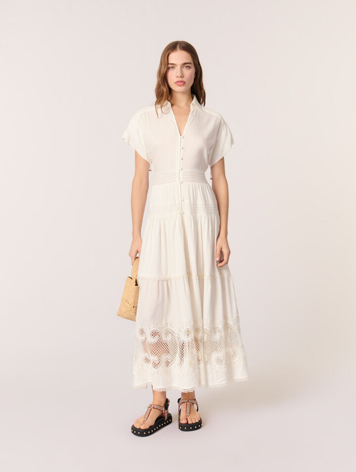 Langes besticktes Kleid mit Volants