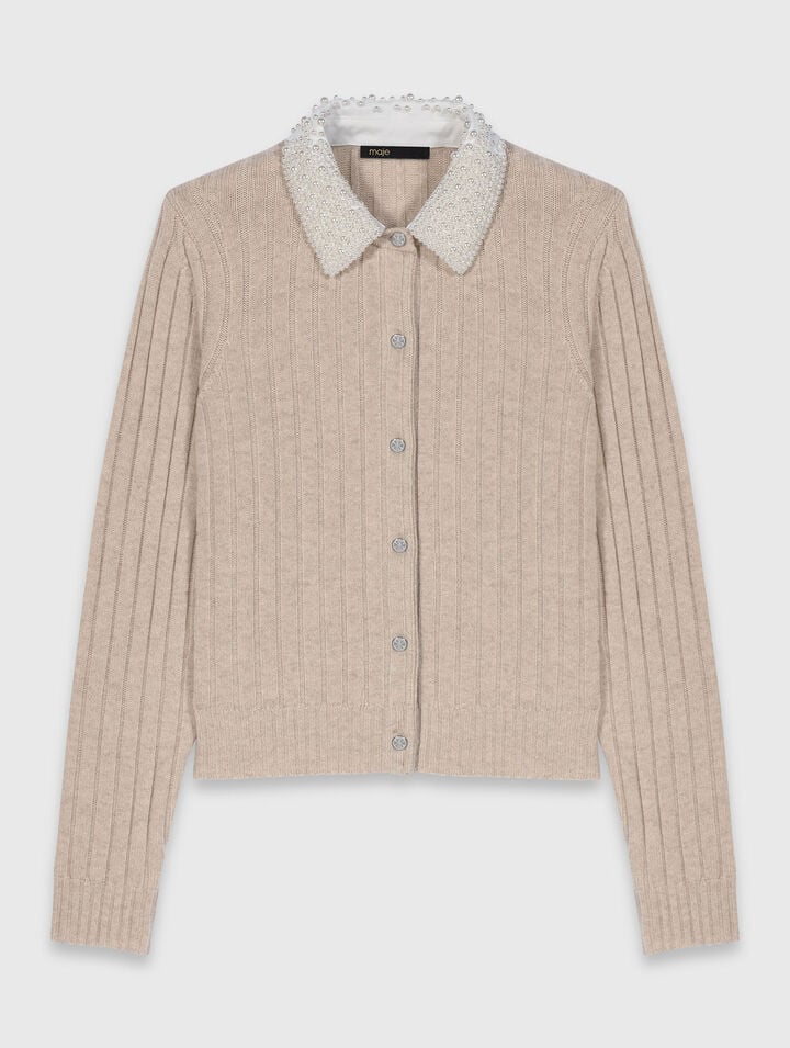 Cardigan, abnehmbarer Perlenkragen