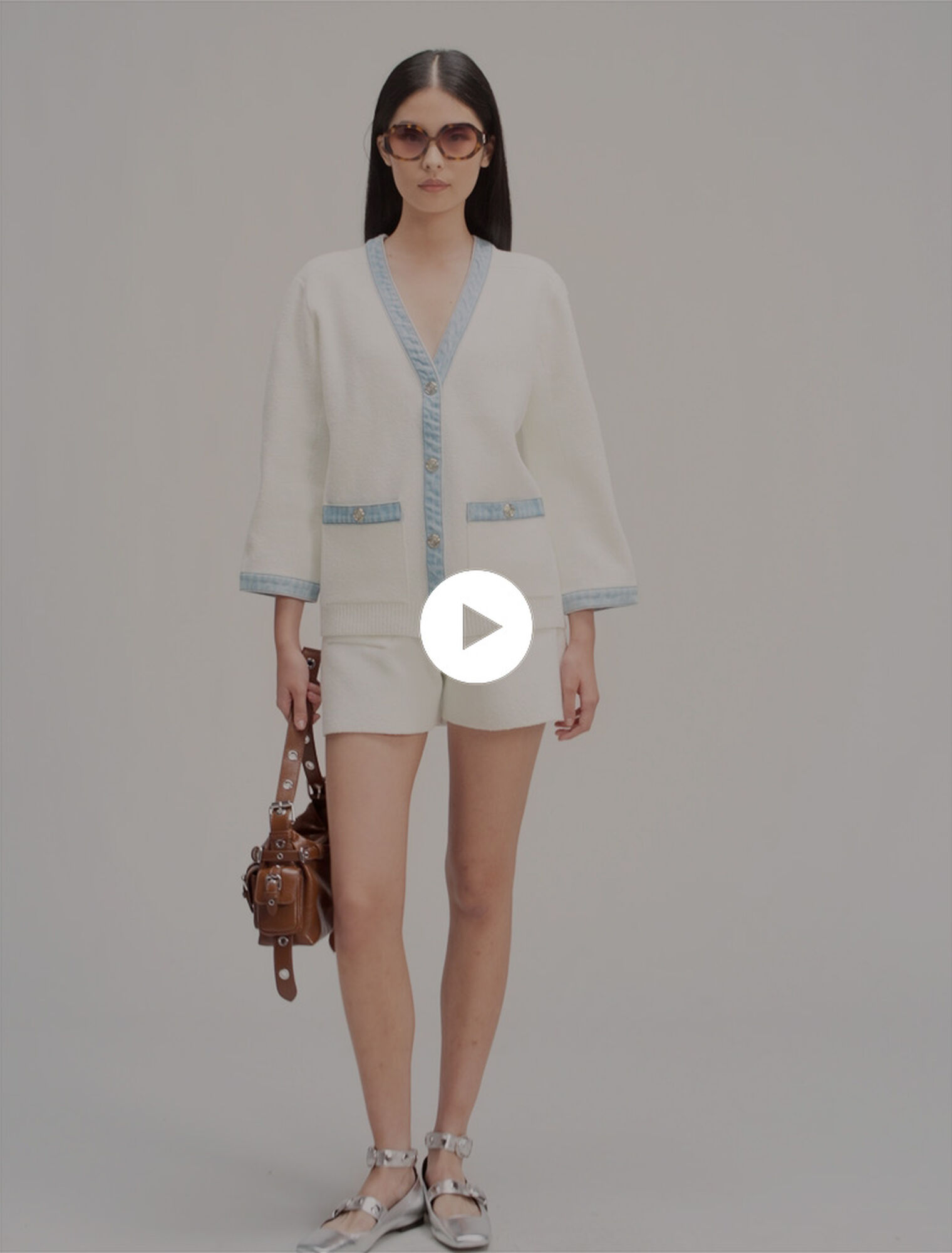Langer Cardigan mit Denimdetails