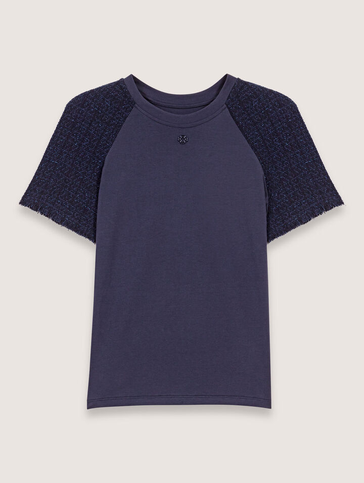 T-Shirt mit Tweed-Ärmeln
