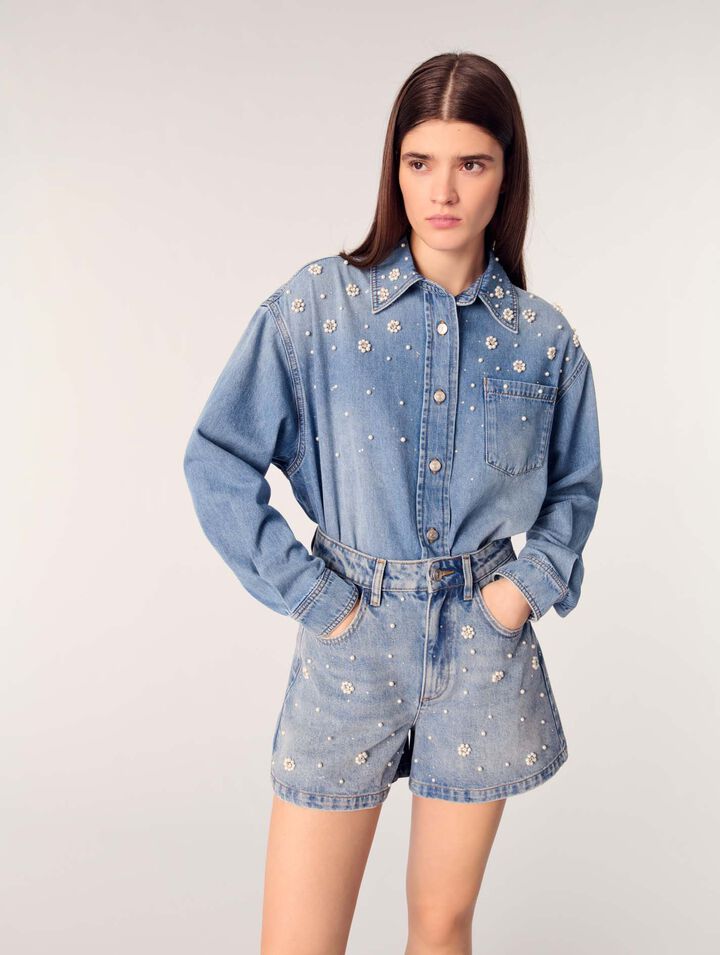 Denim-Shorts mit bestickten Perlen