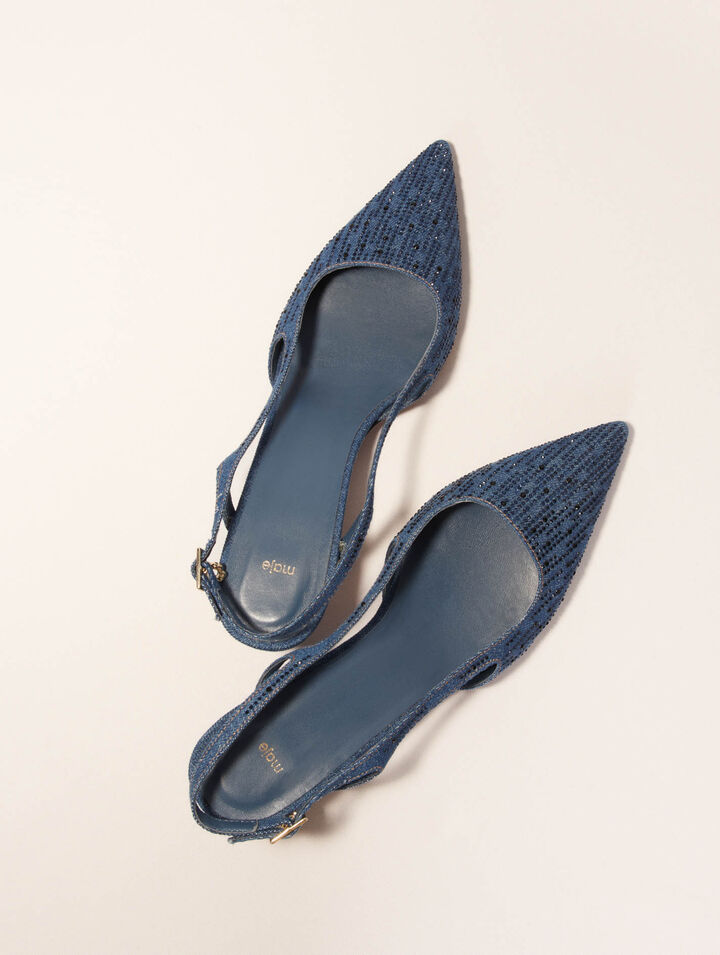 Slingback-Denim-Pumps mit Strass