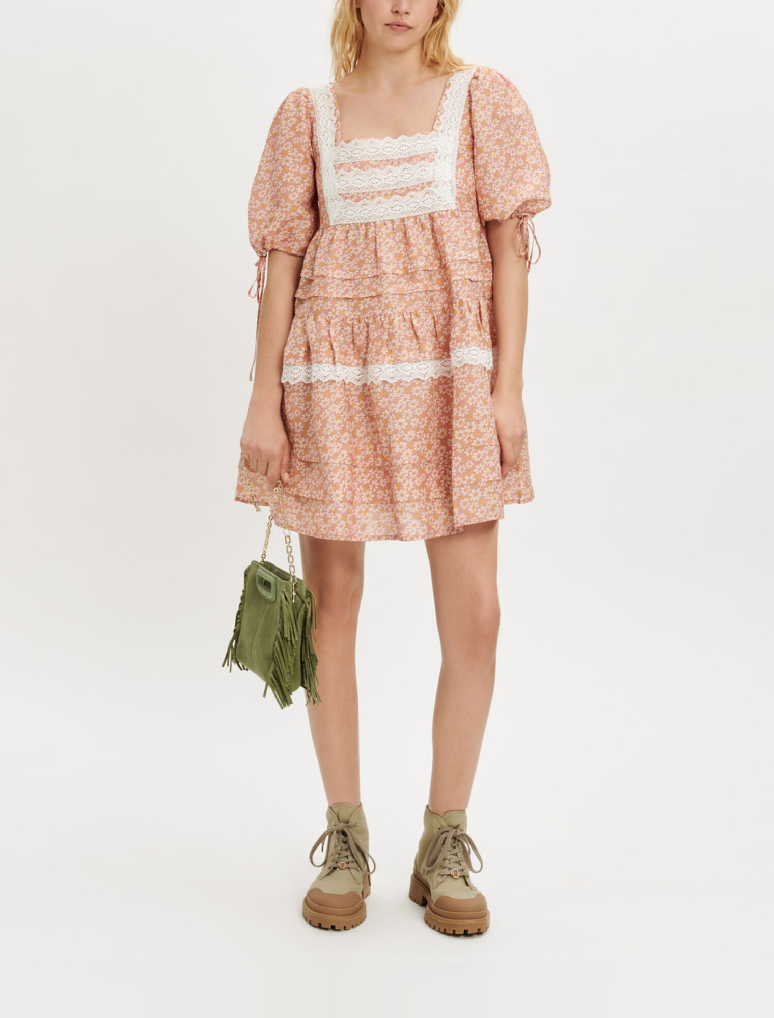 Bedrucktes Kleid mit Spitzengalons