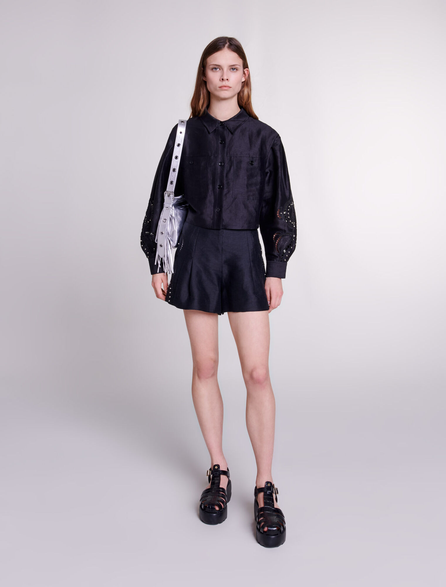 Leinen-Shorts Nieten & Lochmuster
