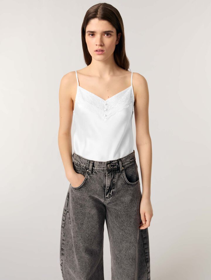 Top aus Seidensatin und Spitze