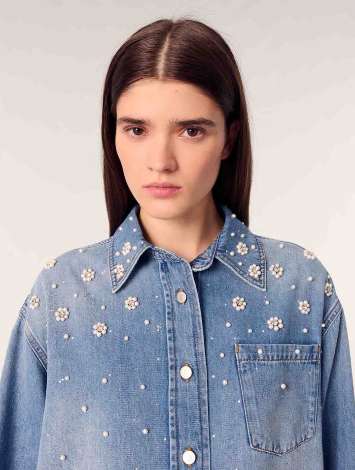 Jeanshemd mit Perlenstickerei
