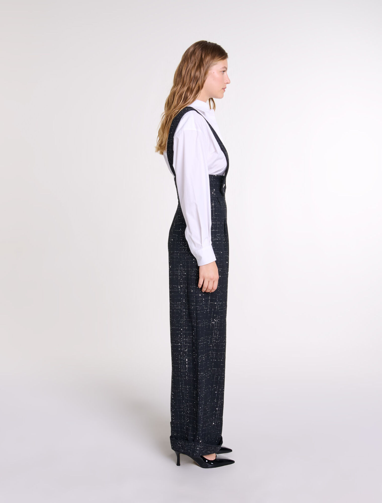 Weite Tweedhose mit Trägern
