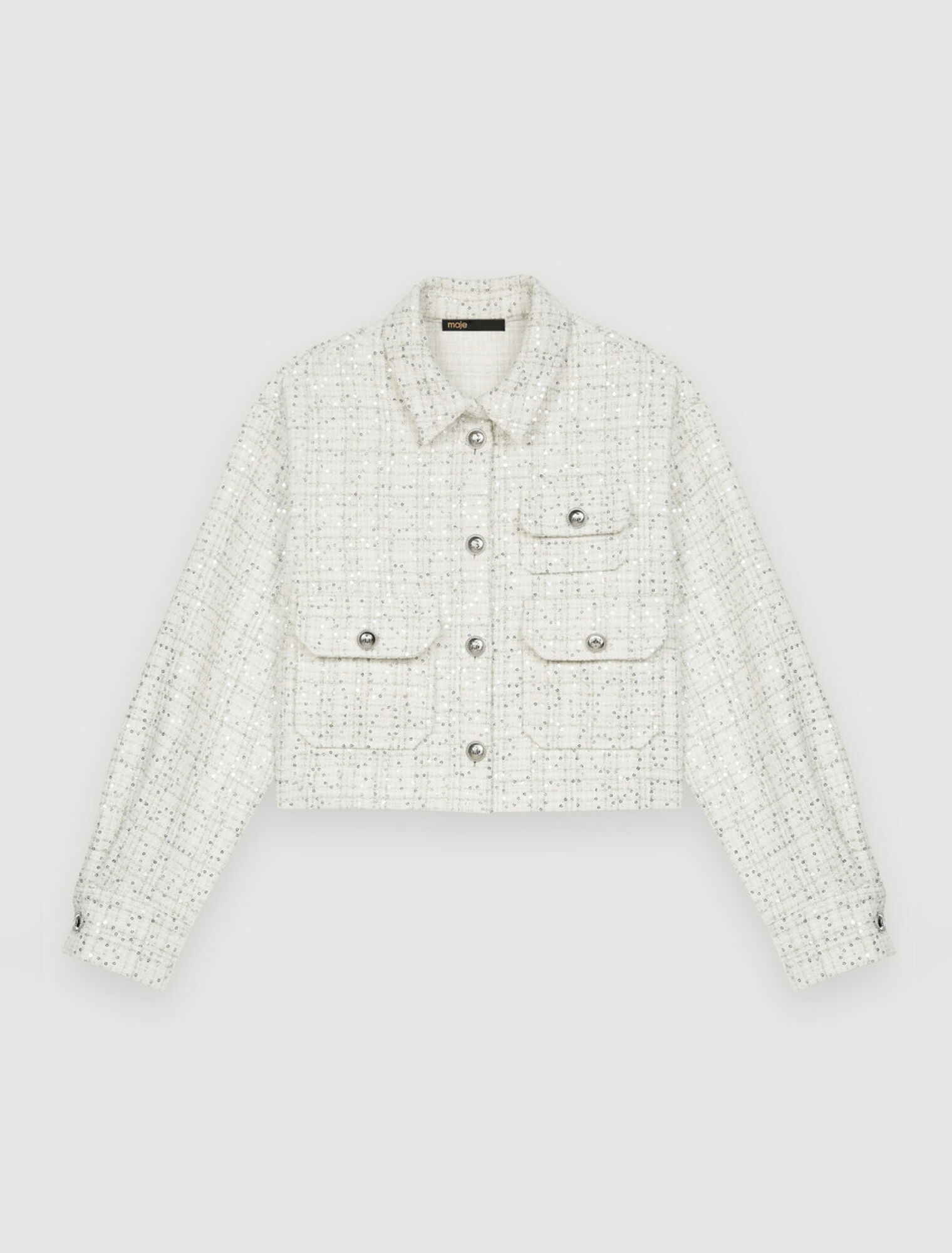 Ecrufarbenes Tweed-Hemd mit Pailletten