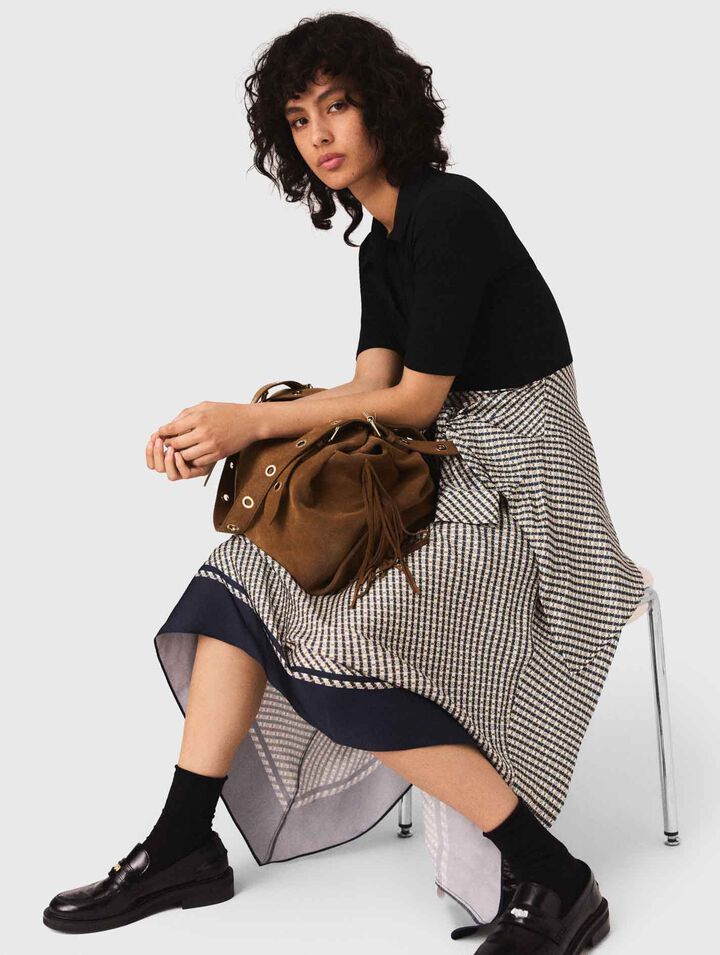 Bi-Material-Kleid mit Print