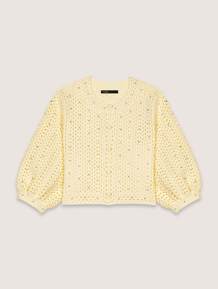 Kurzer Häkelcardigan mit Strass