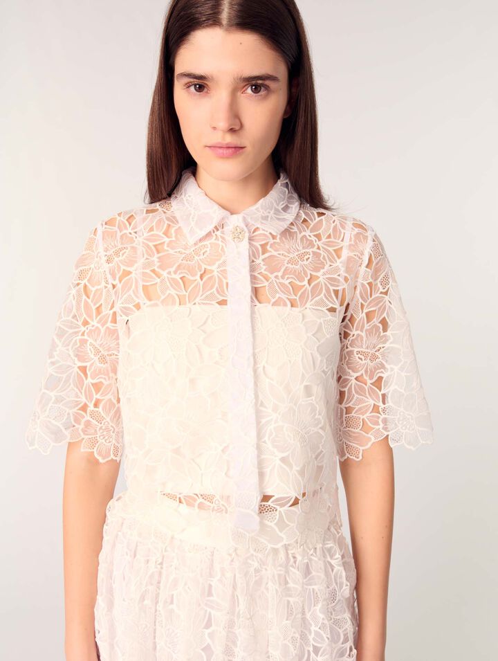 Kurze Bluse aus floraler Guipure-Spitze