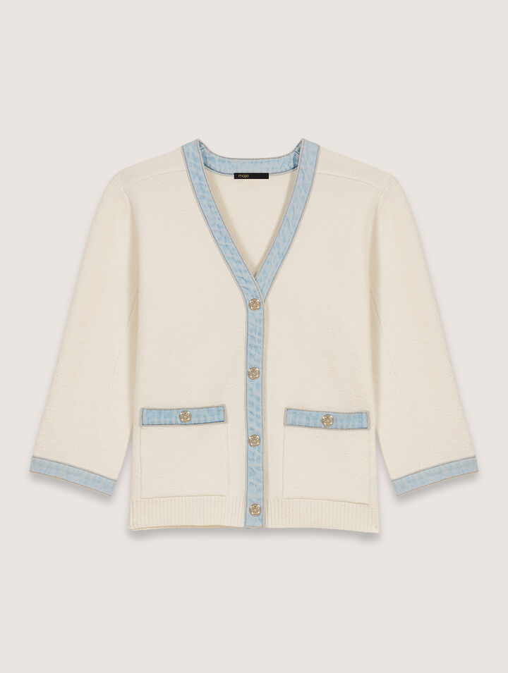 Langer Cardigan mit Denimdetails