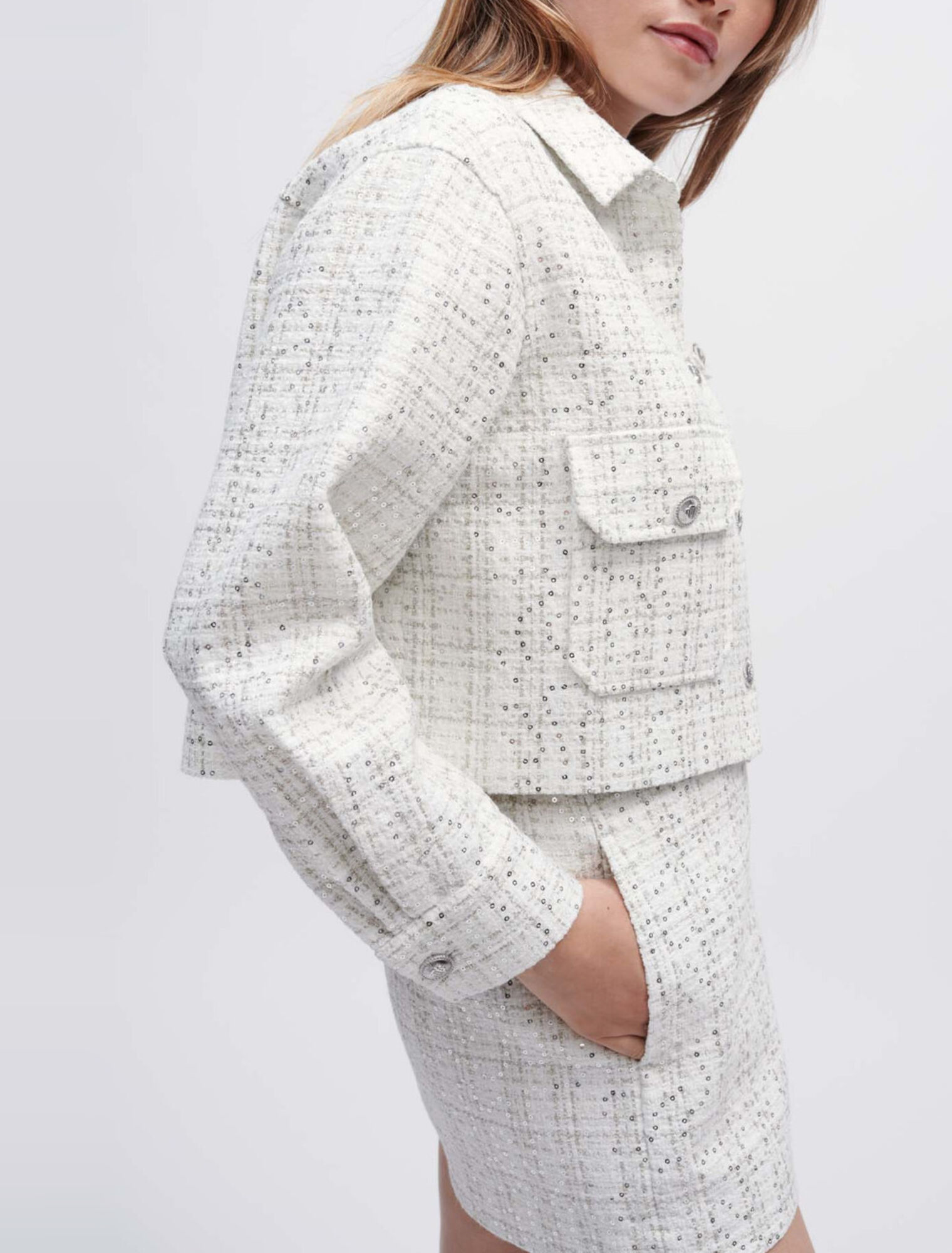 Ecrufarbenes Tweed-Hemd mit Pailletten