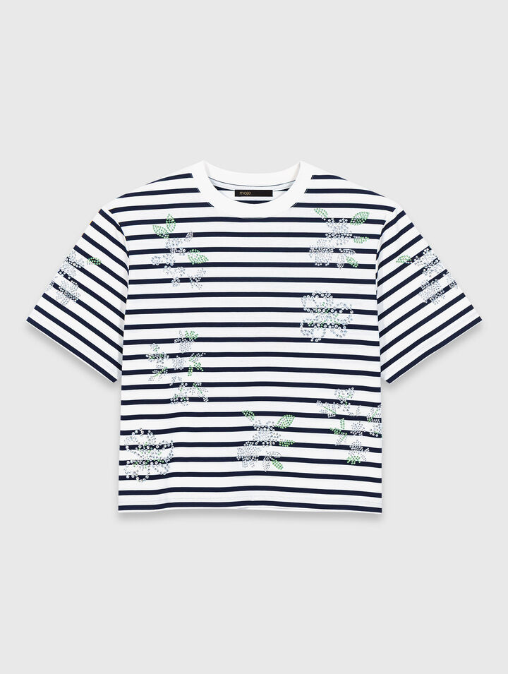 Gestreiftes Shirt mit Strassblumen