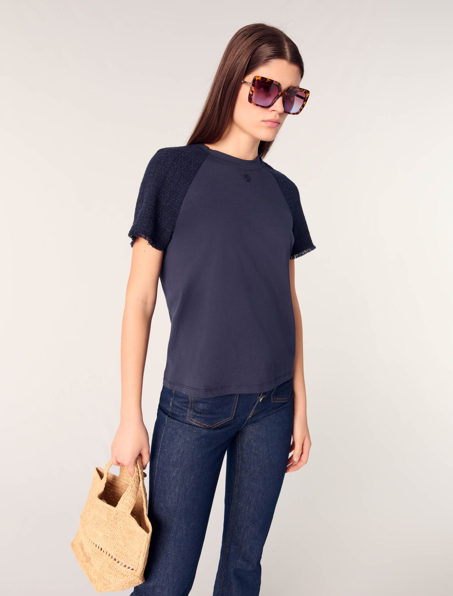 T-Shirt mit Tweed-Ärmeln